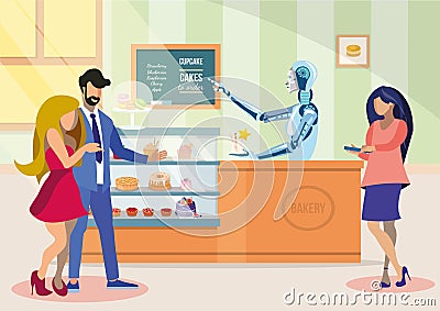 Robotic Shop Assistant in Bakery Flat Illustration Vector Illustration