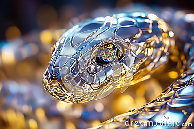 A robotic snake gazes directly at the viewer, showcasing its intricate metallic scales and advanced sensors, designed Stock Photo