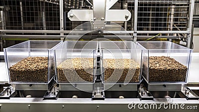 A robotic sorting system categorizing different kinds of nuts on a fastpaced production line with clear bins for each Stock Photo