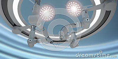Robotic surgical arms remotely controlled under ceiling lamps of an operating room Cartoon Illustration