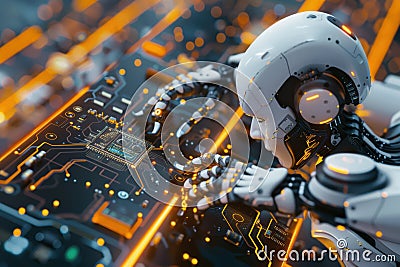 Advanced Robotics in High-Tech Electronics Assembly Line for Precision Soldering Stock Photo
