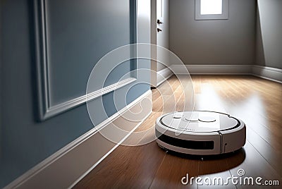 Robotic vacuum cleaner on laminate wood floor smart cleaning tec Stock Photo