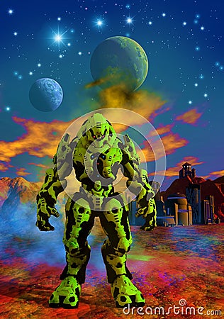 Robotic Warrior in the desert, alien Planetary system, in the background a city and a Sky with clouds and moon, 3d illustration Stock Photo