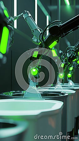 Robotic waste-sorting system separates materials into recycling bins efficiently. Generative AI Stock Photo