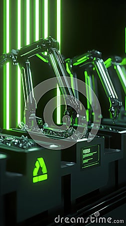 Robotic waste sorting system efficiently separates recyclables in clean environment. Generative AI Stock Photo