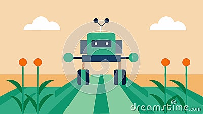 Robotic Weeding A robot autonomous weeder in a field equipped with AI vision systems detecting and removing weeds while Vector Illustration