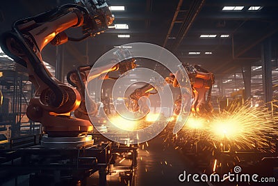 The robotic welder working in line welding steel structure in the factory with Ai Generated Stock Photo