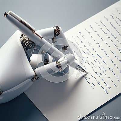 Robotic white hand with pen write on blank letter closeup. ai generative Stock Photo