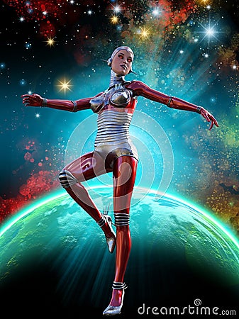 Robotic woman in space, super hero, 3d illustration Cartoon Illustration