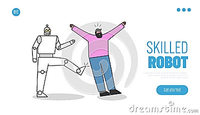 Robotic worker kicks human professional. People against robots at work landing page concept Vector Illustration