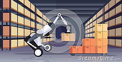 Robotic worker loading cardboard boxes hi-tech smart factory robot artificial intelligence logistics automation Vector Illustration