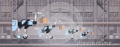 Robotic workers loading cardboard boxes hi-tech smart factory warehouse interior logistics automation technology concept Vector Illustration