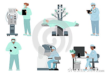 Robotical surgery in medical, surgical operation, biomedical technology Vector Illustration