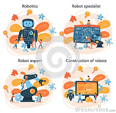 Roboticist concept set. Robotic engineering and constructing. Vector Illustration