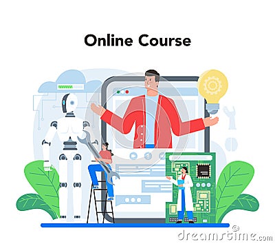 Roboticist online service or platform. Robotic engineering and constructing. Vector Illustration