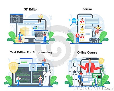 Roboticist online service or platform set. Robotic engineering and constructing. Vector Illustration