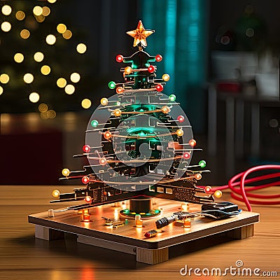robotics arduino soldering kit modern christmas tree with lights , generated by AI Stock Photo