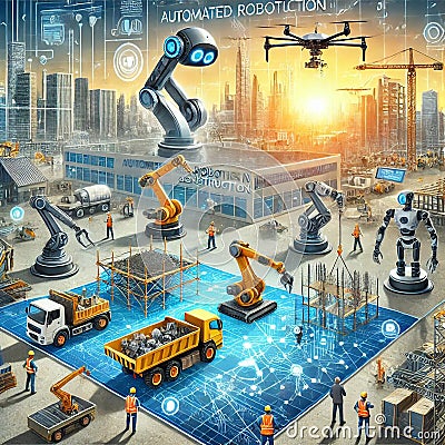 Robotics and Automation (Industry 4.0).Current implementations of robotics and automation in the construction industry. Stock Photo