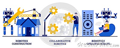 Robotics construction, collaborative robotics, remotely operated robots concept with tiny people. Machine work, smart industry Cartoon Illustration