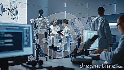 In Robotics Development Laboratory International Team of Engineers and Scientists Work on Robotics Stock Photo