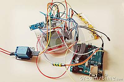 Robotics and electronics. Lab in school. Mathematics, engineering, science, technology, computer code. STEM and STEAM educatio Stock Photo