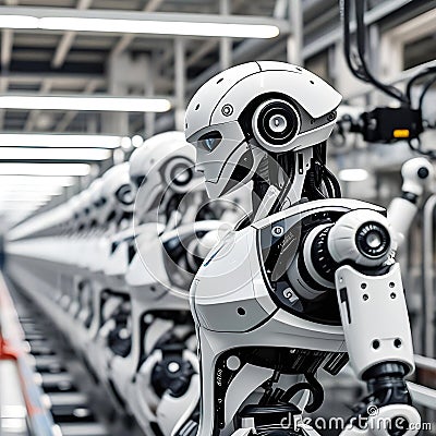Robotics factory with rows of humanoid robots. Stock Photo
