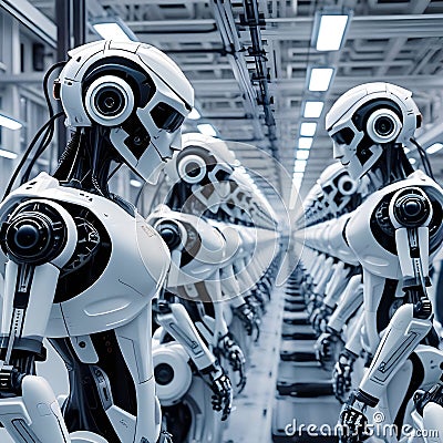 Robotics factory with rows of humanoid robots. Stock Photo