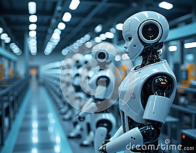 Robotics factory with rows of humanoid robots. Stock Photo