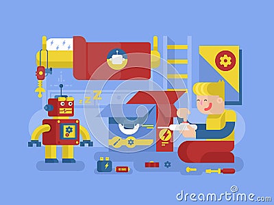 Robotics guy control robot Vector Illustration