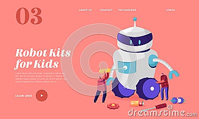 Robotics Hobby Landing Page Template. Tiny Male Characters Making Huge Robot at Home or Lab. Science Engineering Vector Illustration