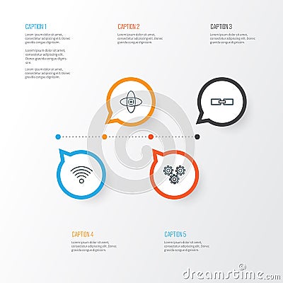 Robotics Icons Set. Collection Of Related Information, Atomic Cpu, Mechanism Parts And Other Elements. Also Includes Vector Illustration