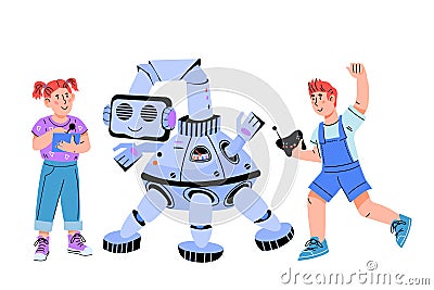 Robotics with kids designing electronic robots. Children create smart toys. Vector Illustration