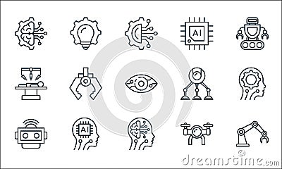 Robotics line icons. linear set. quality vector line set such as robot arm, artificial intelligence, robot, drone, artificial Vector Illustration