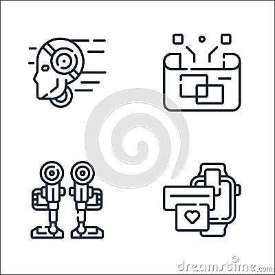 robotics line icons. linear set. quality vector line set such as smartwatch, robotic legs, hologram Vector Illustration
