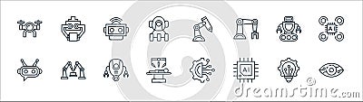 Robotics line icons. linear set. quality vector line set such as vision, chip, surgery, chatbot, robot, robot, robot arm, arm Vector Illustration