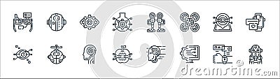 robotics line icons. linear set. quality vector line set such as cyborg, configuration, artificial intelligence, iris recognition Vector Illustration