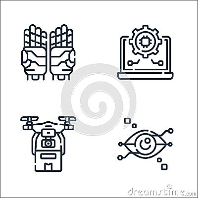 Robotics line icons. linear set. quality vector line set such as iris recognition, drone delivery, settings Vector Illustration