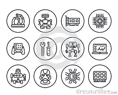 Robotics, mechanical engineering, robots, icons Vector Illustration