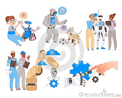 Robotics Programming with Engineer Characters Engaged in Artificial Intelligence Development Vector Set Vector Illustration