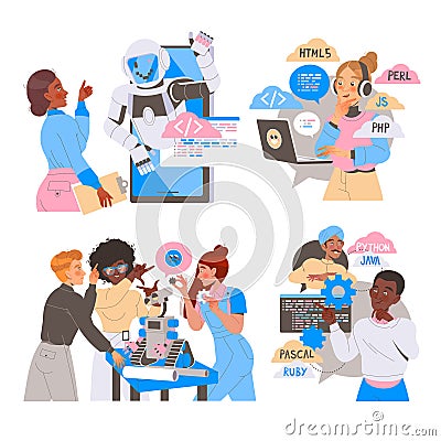 Robotics Programming with Male and Female Engineer Characters Engaged in Artificial Intelligence Development Vector Set Vector Illustration