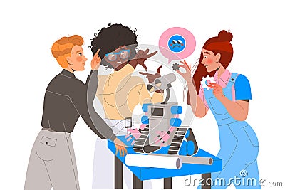 Robotics Programming with Man and Woman Engineer Character Configuring Robot Vector Illustration Vector Illustration