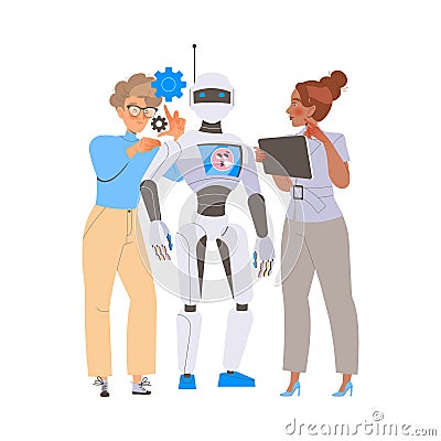 Robotics Programming with Man and Woman Engineer Character Configuring Robot Vector Illustration Vector Illustration