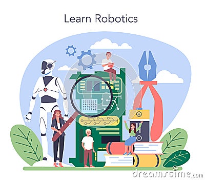 Robotics school subject concept. Robot engineering and programming Vector Illustration