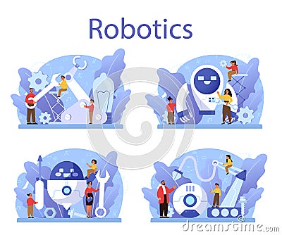 Robotics school subject concept set. Robot engineering Vector Illustration