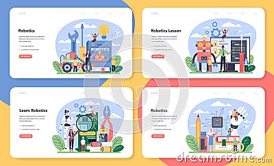 Robotics school subject web banner or landing page set. Robot Vector Illustration