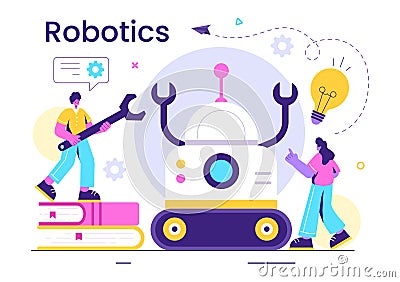 Robotics Vector Illustration of Artificial Intelligence Robots Communicating with Technology and Engineering Vector Illustration