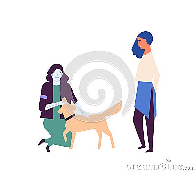 Robotized assistant walking dog flat vector illustration. Robot in daily human life. Artificial intelligence helper Vector Illustration