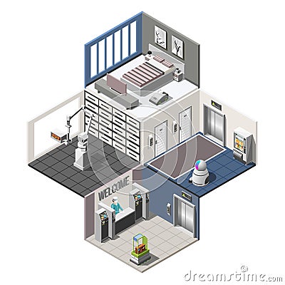 Robotized Hotels Isometric Interior Vector Illustration