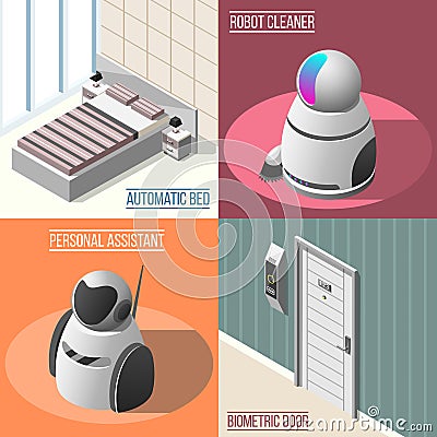 Robotized Hotels 2x2 Design Concept Vector Illustration