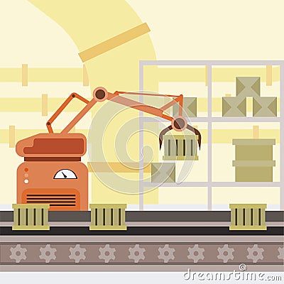 Robotized production line cartoon illustration. Manufacturing automated process, boxes on conveyor belt, robot hand Vector Illustration